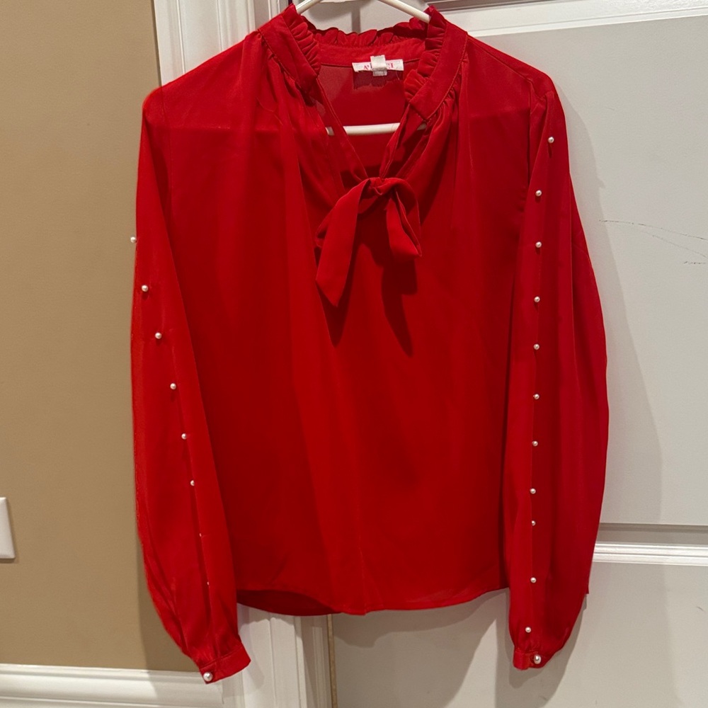 a'gaci Vibrant Red Blouse with Pearl Details